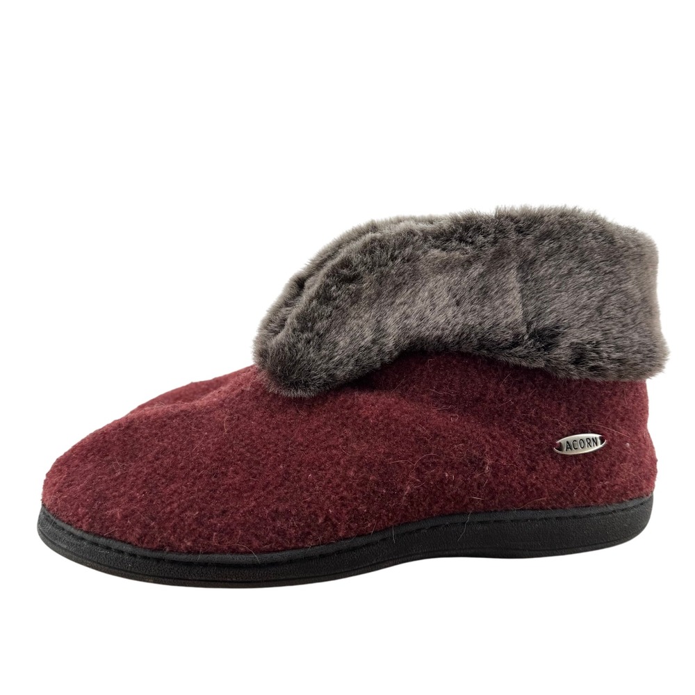 Acorn Faux Chinchilla Booties Women's Red Faux Fur Collar Slipper Shoes Size 8-9
